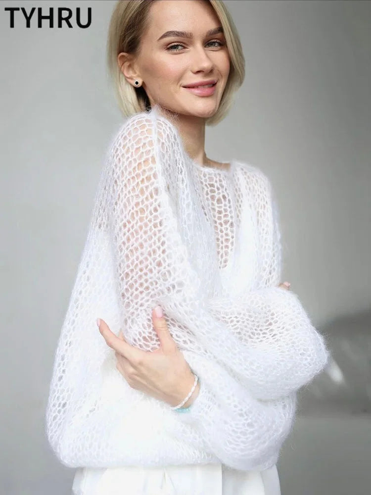 "Hollow Out Knit Sweater with Lantern Sleeves - Sheer Pullover Top"